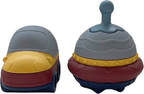 Mabebi - Ufo en auto speelset - Baby speelgoed - Stapelspeelgoed - Badspeelgoed - Silicone Speelgoed - Cadeau idee - Blauw Geel van Mabebi