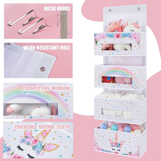 Magische eenhoorn-hangorganizer, 4 vakken, opvouwbaar hangrek voor kleine kinderen, meisjes, speelgoed, luier, wandkast, organizer, slaapkamer, kleuterschool, decoratie van Hồzek.