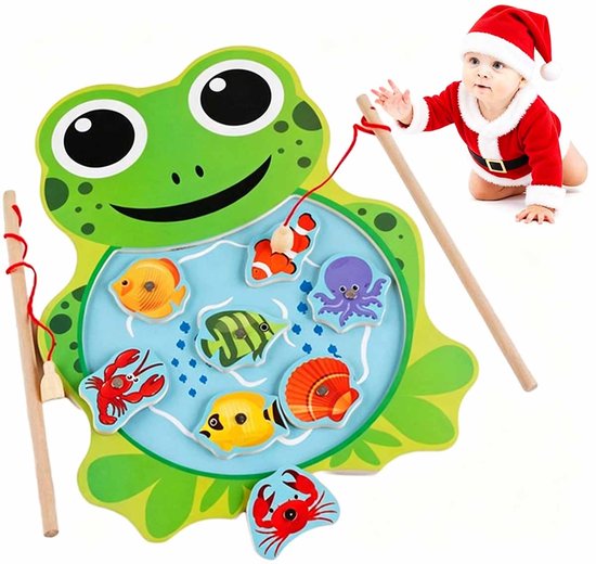 Magnetisch Houten Visspel - 8 Visjes 2 Hengels Speelgoedset - Kinderen van Hout Educatief Hengelspel Speelgoed - Voor Jongens en Meisjes Vanaf 3 Jaar Kindercadeaus (Kikker)