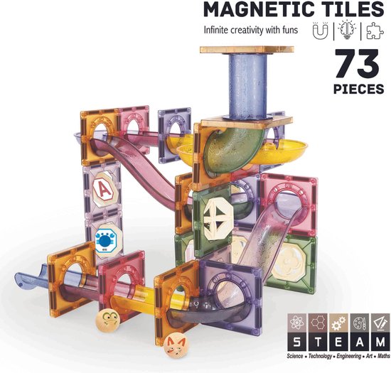 Magnetisch speelgoed - Magnetic tiles - Roosly - 73stuk - Magnetic tiles Knikkerbaan - Montessori speelgoed - Magnetische Bouwstenen van Magnetisch Speelgoed