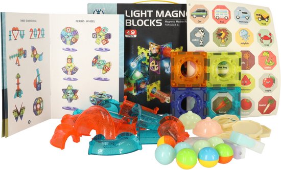 Magnetische blokken ballenbaan Glowing 49 st. - Light Magnetic Blocks - Magnetic Marble Run Set - Licht Magnetische Blokken - Magnetisch Speelgoed - Geschenkdoos - cadeau kinderen - knikkerbaan van MagPlayer
