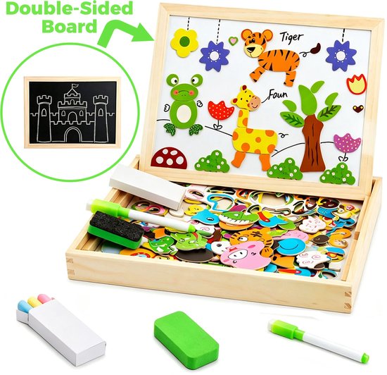 Magnetische Houten Puzzel - Houten Speelgoed Met Dubbelzijdig Bord - Pedagogische Leerpuzzel - Kan Op De Koelkast Plakken