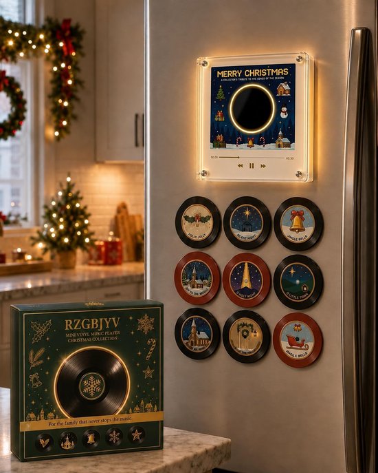 Magnetische Kerst Muziekdoos voor Koelkast - NFC Magnetische Muziekdoos Set - CD Speler - Kerst Muziekdoos - Met 9 NFC Mini Vinylplaten - USB C Oplaadbaar - 256 MB - Kerstdecoratieset
