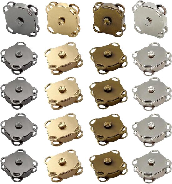 Magnetische Sluitzakken, Set van 20, 14 mm, Magnetische Knopen voor Naaiwerk, 4 Kleuren, Metaal Magneten, Drukknopen met Naaiopeningen voor Tassen, Kleding en Creatieve Projecten van Merkloos