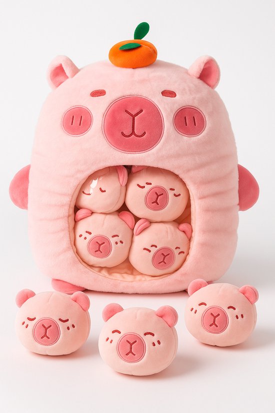 Magnitoys™ - Capibara Knuffelkussen 40 cm - Kawaii Pluche - Transparant Buikvenster met Mini Capibara’s - Super Zacht, Squishy Cadeau van Merkloos