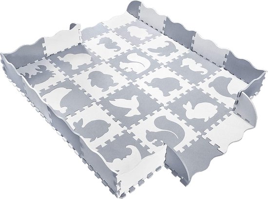 Maison Extravagante - Baby speelmat puzzel XL dierentuin met PVC opbergtas - Grijs - Wit - EVA schuim - 150x150x 1.2cm - Speelmat met rand - Speelbox van Maison Extravagante