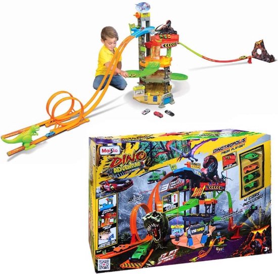 Maisto Dinotropolis Mega Speelset | Gigantische racebaan | Incl. 4 Thema Auto's en Handmatige Lift | 5 niveau's van Maisto