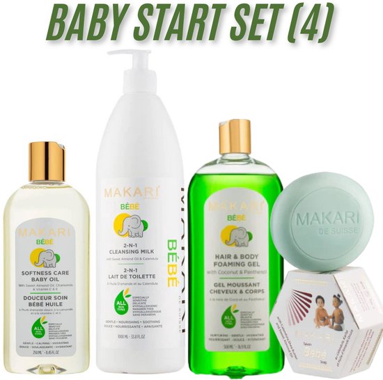 Makari Bébé Complete Baby Verzorgingsset – 4-delige Startset met Babyzeep, Babyolie, Cleansing Milk en Foaming Gel – Voor de Gevoelige Babyhuid van Makari