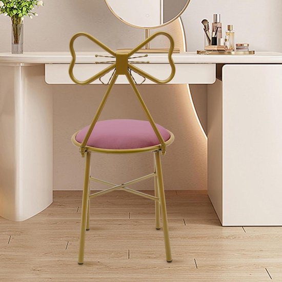 Make-upstoel Fluwelen - Kapstoel Meisjes - Comfortabel Zitten - Stabiele Metalen Frame - 45cm Zithoogte - Donker Roze