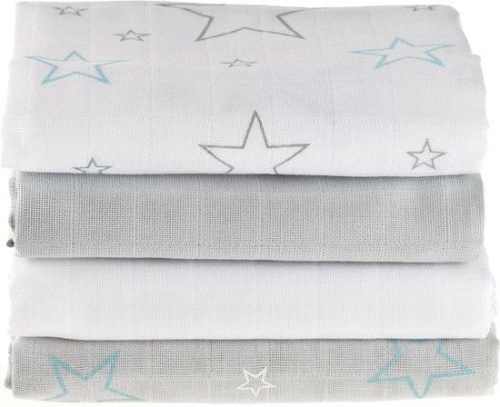 Makian Hydrofiele Luiers - hydrofiele doeken 70x70cm - Set van 4 - Wit-Grijs-Sterren van Makian