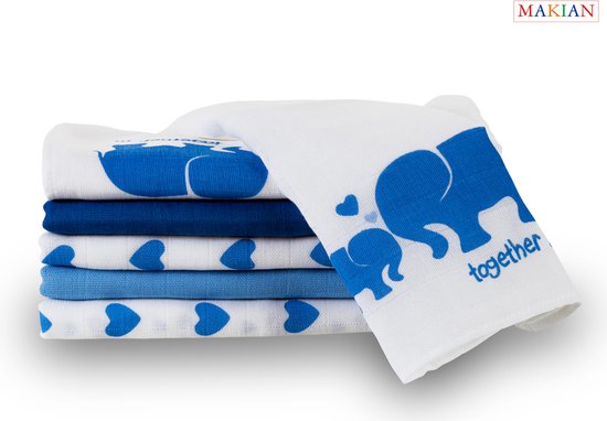 Makian Hydrofiele Luiers - hydrofiele doeken 80x80cm - Set van 6 - Wit-Blauw-Olifant van Makian