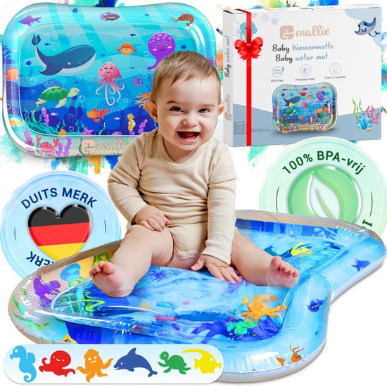 Mallie® Blauw Watermat Baby BPA-vrij 66 x 50 cm I Perfect tummy time speelgoed voor buikligging – Waterspeelmat baby, babymat, water speelmat voor baby vanaf 3 maanden, Waterspeelgoed van Mallie