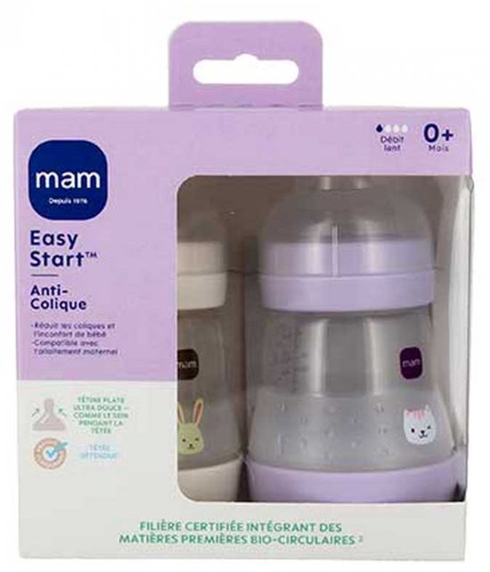 MAM 2 Easy Start-voedingsflessen 160 ml 0 Maanden en + Debiet 1 (Kleur : Mauve Kat/Zand Konijn)