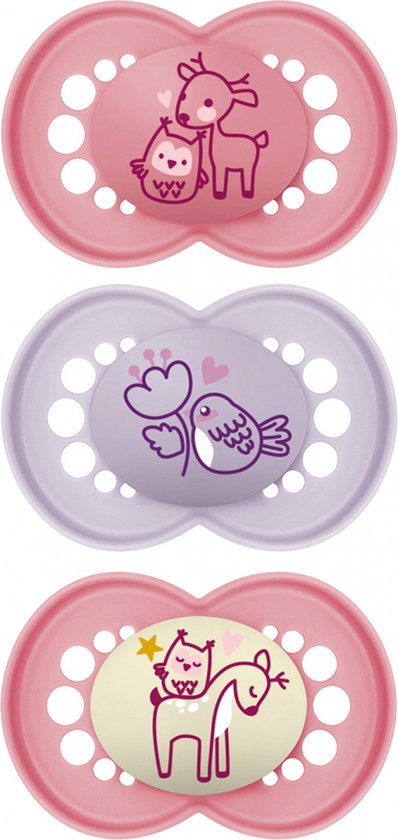 MAM 2 Fopspenen Original Natuur + 1 Fopspeen Original Nacht 18 Maanden en + (Modellen : Roze/Mauve)