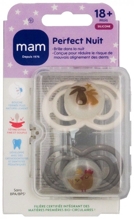 MAM 2 Fopspenen Perfecte Nachtdieren 18 Maanden en Ouder (Modellen : Konijnen en kippen)