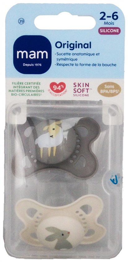 MAM 2 Originele Natuurlijke Fopspenen 2-6 Maanden (Modellen : Schapen en konijnen)