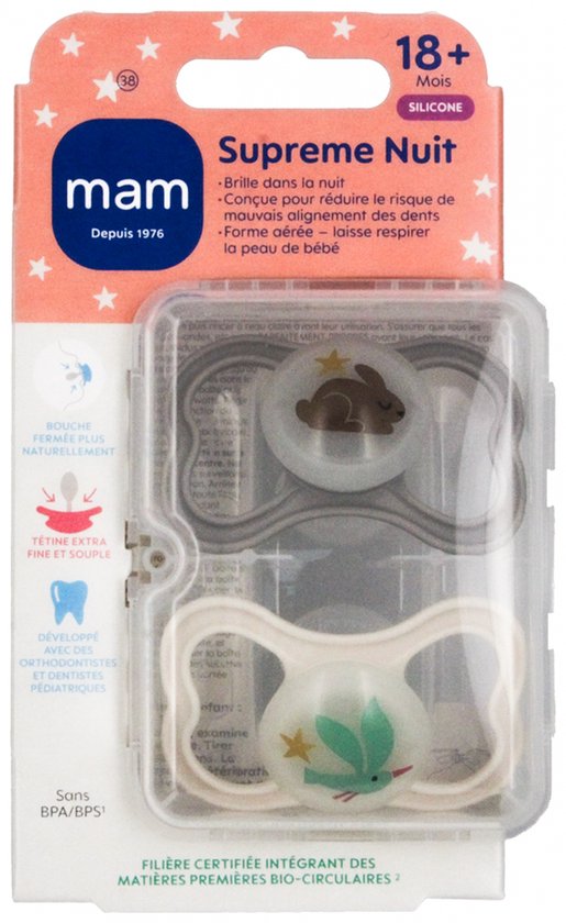 MAM 2 Supreme Nuit Fopspenen Vanaf 18 Maanden (Kleur : Bruin konijn en vogel)