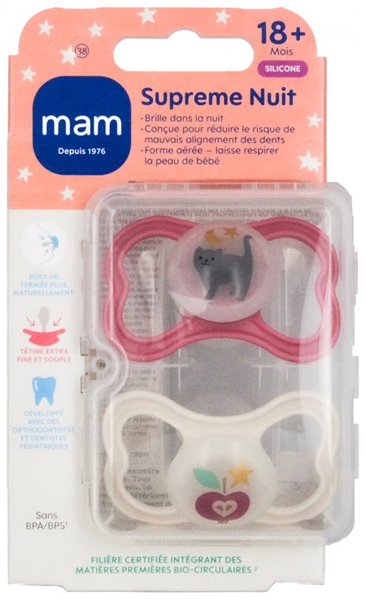 MAM 2 Supreme Nuit Fopspenen Vanaf 18 Maanden (Kleur : Roze kat en appel)