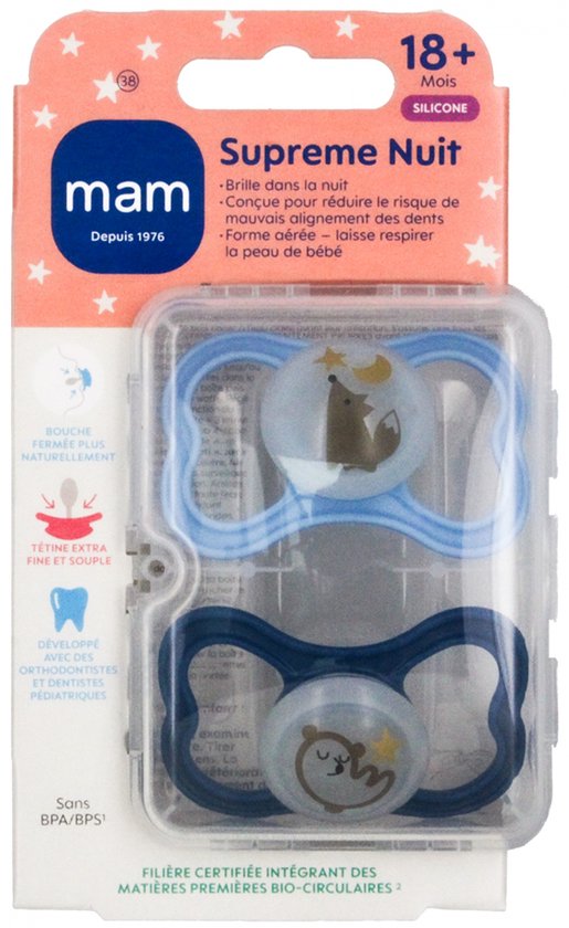MAM 2 Supreme Nuit Fopspenen Vanaf 18 Maanden (Kleur : Vos en blauwe beer)
