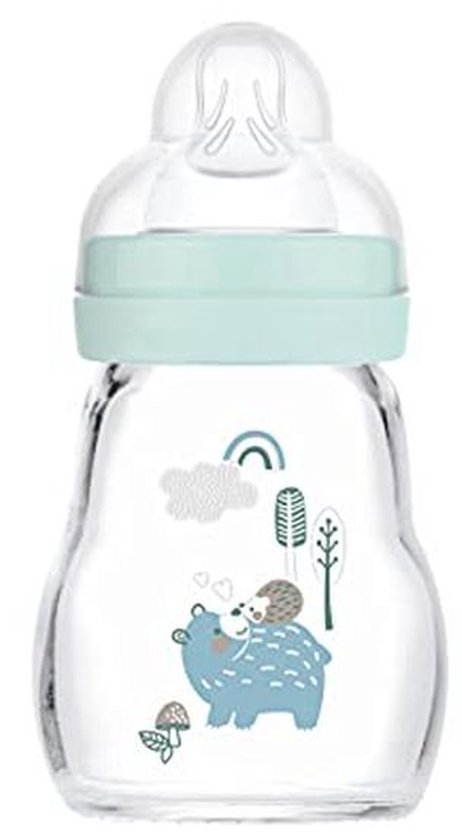 MAM 81938411 Feel Good glazen babyflesje (170 ml), babyfles met brede opening, stabiele zuigfles met speentje in maat 1, vanaf 0 maanden, natuurlijke motieven, beer/egel,Mint