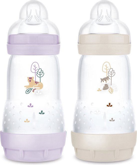 MAM Babyfles Easy Start Anti-Colic 0+ mnd 260 ml | 2 stuks | Lila & Grijs van MAM