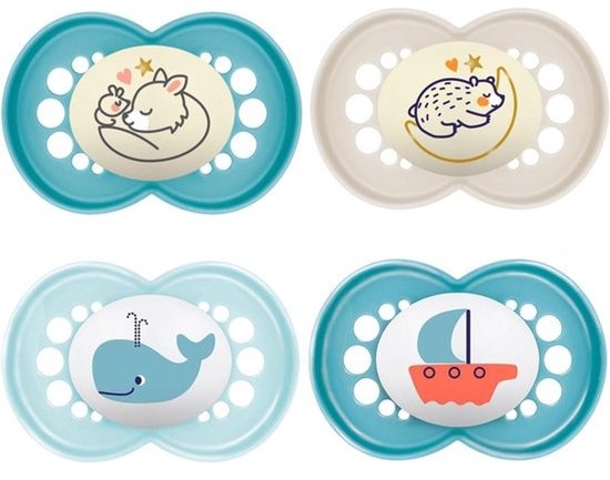 MAM Day & Night siliconen fopspeen 16 + // set van 4 // incl. 2 steriliseerde trasportboxen
