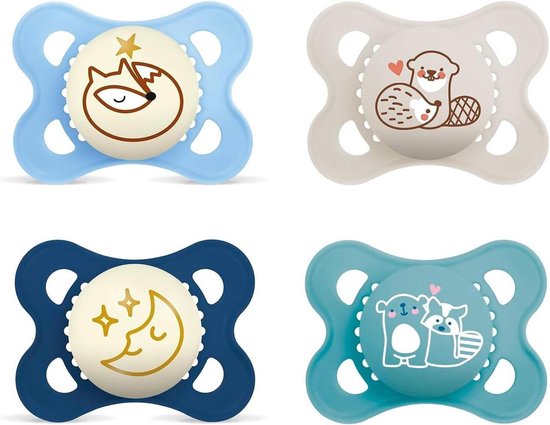 MAM Day & Night "Skin Soft" siliconen fopspeen 0-6 // neutraal // set van 4 // incl. 2 steriliseerde trasportboxen van MAM