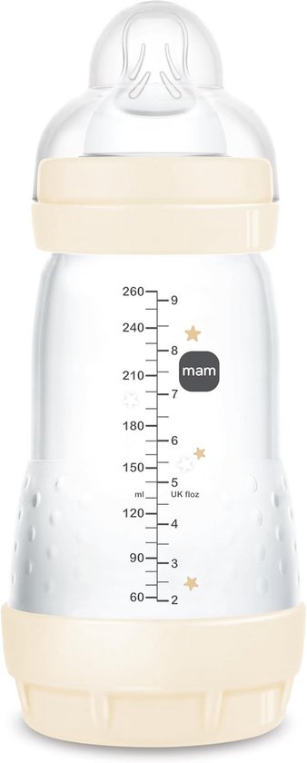 MAM Easy Start Anti-Colic A122 Gepatenteerde fles met zuignap 2 van SkinsoftTM Ultra Soft siliconen voor baby's vanaf 2 maanden, zelfsteriliseerbaar in 3 minuten260 ml 1 eenheid (pak van 1)neutraal,Lichtblauw en wit