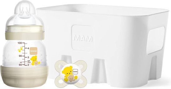 MAM Easy Start Anti-Colic Starter Set XS, set met Anti-Colic babyflesje (130ml) incl. flesspeentjes in 2 maten, MAM-fopspeen en flessenhouder, ideaal kraamcadeau, vanaf de geboorte, beige