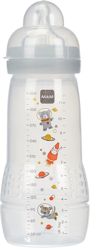 MAM Flesje met fopspeen, bedrukt, 330 ml, grijs