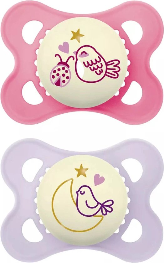 MAM Fopspeen Pure Night Siliconen - 0-6 maanden - roze - 2 stuks | Glow in the dark fopspeen van MAM