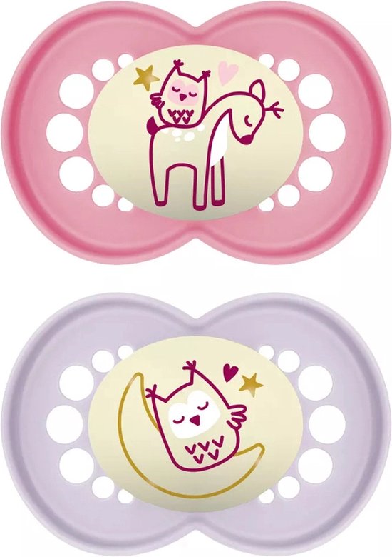 MAM Fopspeen Pure Night Siliconen - 6-16 maanden - roze - 2 stuks | Glow in the dark fopspeen van MAM