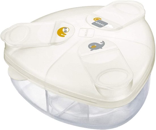 MAM Milk Formula Dispenser, Milk Powder Dispenser Pot Stores 40 g Per Serving, Milk Powder Storage Holds Three Servings, Baby Milk Powder Box, White, (Designs May Vary)