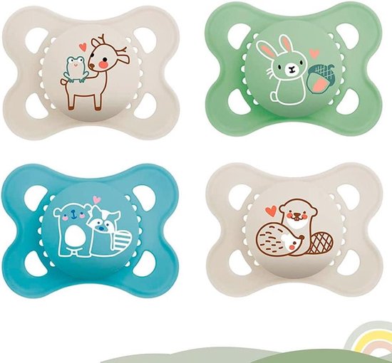 MAM Originele "Skin Soft" siliconen fopspeen PURE 0-6 Unisex // set van 4 // incl. 2 sterilisetransportboxen van MAM