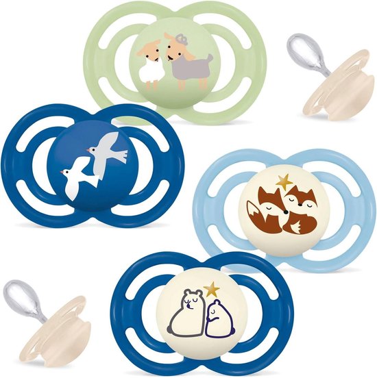 MAM Perfect Day & Perfect Night fopspeen 16 Plus "Blue Colours Mix" // set van 4 // incl. 1 steriliserende transportbox