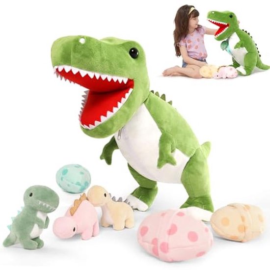 Mama Dinosaurus Knuffeldier met 3 Baby Dinosaurussen in Eieren - Zacht Pluche Speelgoed voor Kinderen