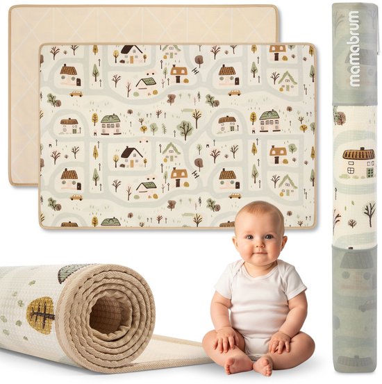 Mamabrum Dubbelzijdige Speelmat van Schuim 180x120 cm - XPE Speelkleed voor Baby’s en Kinderen - Stadje / Zandbeige van Mamabrum