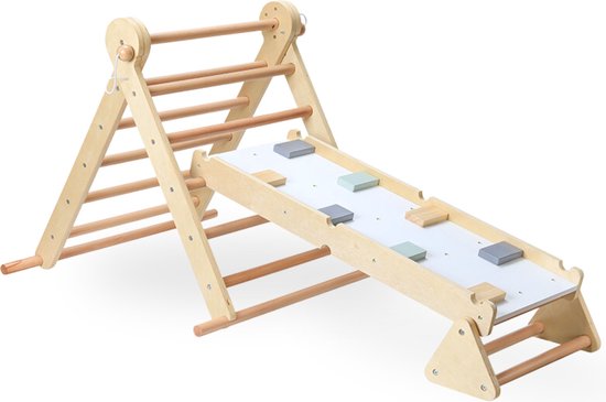 Mamabrum Houten Klimrek - Binnen Speeltuin - 2in1 Rocker, Ladder en Klimmuur, 9 Sporten, Dubbelzijdige Board, Klimladder van Merkloos