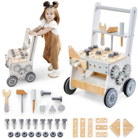 Mamabrum Kinderloopwagen, Houten Loopwagen voor Kinderen, 3 in 1, Kinderwagenwerkplaats met Accessoires, 47 Elementen, Ruiter, Sorteerder, Kinderwagen om te Leren Lopen, Grijs van Mamabrum