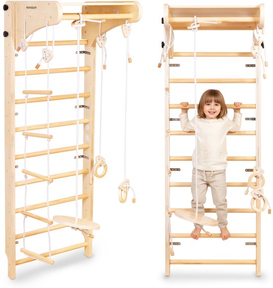 Mamabrum Montessori Houten Klimrek voor Kinderen 3+ Wandgemonteerd Gymrek met Schommel, Gymringen & Klimtouw - Indoor Motoriek Speelgoed van Merkloos