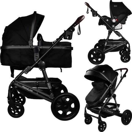 MamaLoes Marly 3 in 1 Kinderwagen - Zwart - Combi Kinderwagen incl. Autostoel van Merkloos