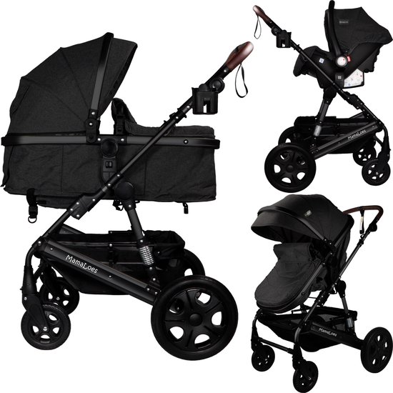 MamaLoes Marly 3 in 1 Kinderwagen - Zwart/Antraciet - Combi Kinderwagen incl. Autostoel van Merkloos