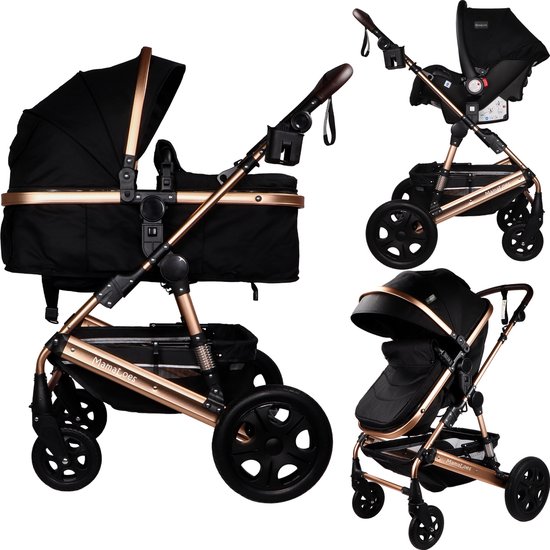 MamaLoes Marly 3 in 1 Kinderwagen - Zwart/Rose - Combi Kinderwagen incl. Autostoel van Merkloos