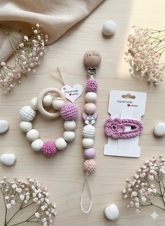Maminobaby.nl baby geschenkset - Handgemaakte speenkoord | Gehaakte haarclip | Handgemaakte bijtring