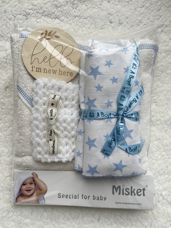 Maminobaby.nl - Baby Geschenkset jongens | Badcape | Handmade washandje | Hydrofiele doek | Kraamcadeau | Babyshower van Maminobaby.nl