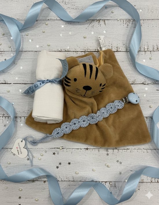 Maminobaby.nl - Baby geschenkset jongens - Knuffeldoekje/tijger - Handmade speenkoord - Kraamcadeu - Babyshower van Maminobaby.nl
