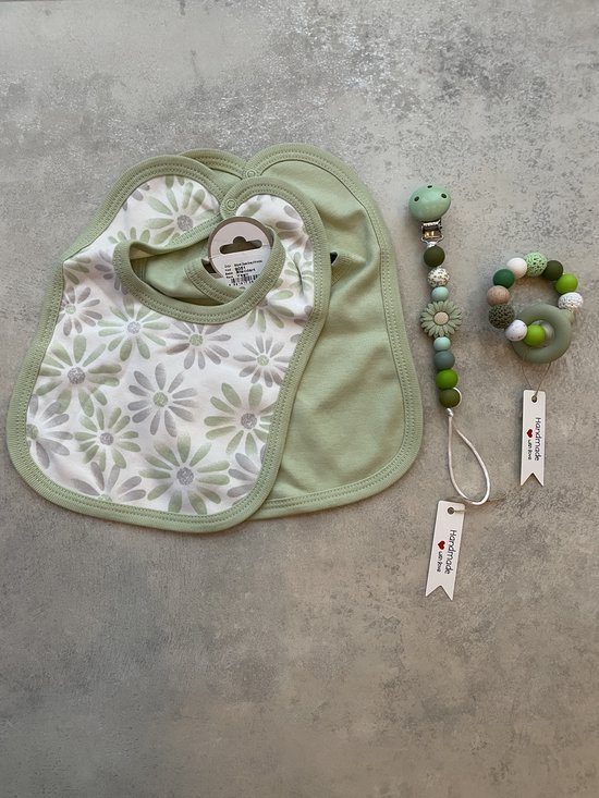 Maminobaby.nl | Baby geschenkset meisje | Bloem | Handmade speenkoord Handgemaakte bijtring | Kraamcadeu | Babyshower van Maminobaby.nl