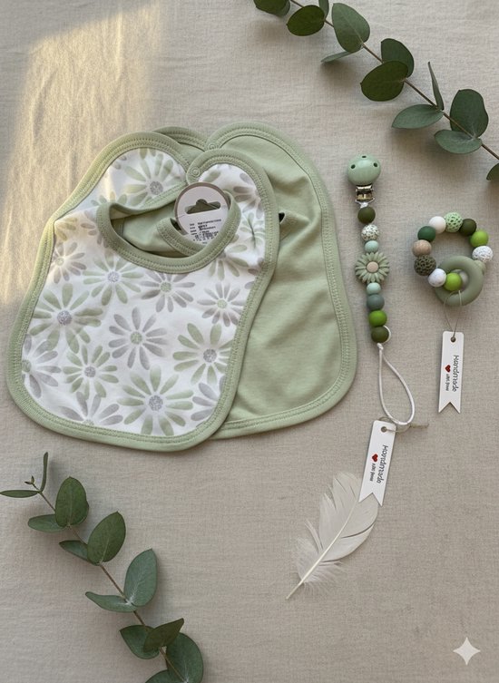 Maminobaby.nl | Baby geschenkset meisje | Bloem | Handmade speenkoord Handgemaakte bijtring | Kraamcadeu | Babyshower