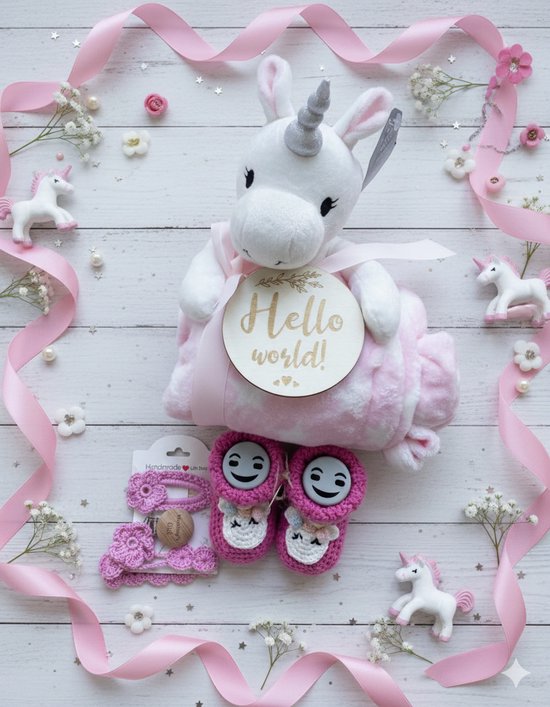 Maminobaby.nl | Baby geschenkset meisjes | Handgemaakte Babyslofjes | Unicorn | Knuffel met deken | Handgemaakte speenkoord | Handgemaakte haarclip | Gehaakte babyslofjes | Kraamcadeu | Babyshower