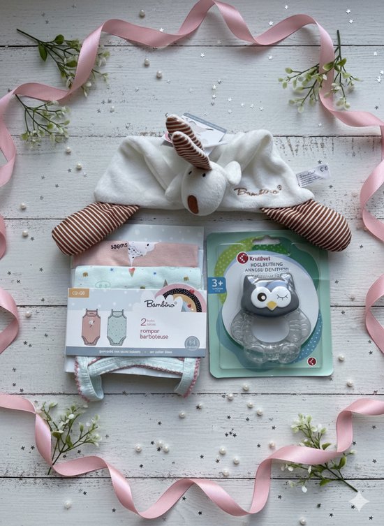 Maminobaby.nl | Baby geschenkset meisjes | Knisperkonijn | 2-delige rompertjes | Koelbijtring | Babyshower | Kraamcadeau